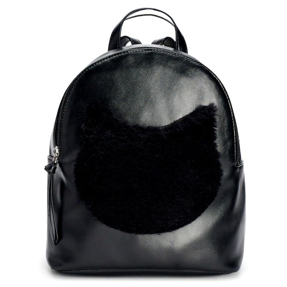 T-Shirt & Jeans Faux Fur Cat Face Mini Backpack in Black - NEW